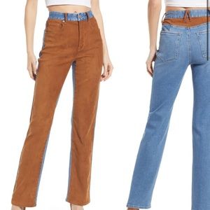 Good American Icon Mixed Media Denim & Faux Suede Pants. NWT.
